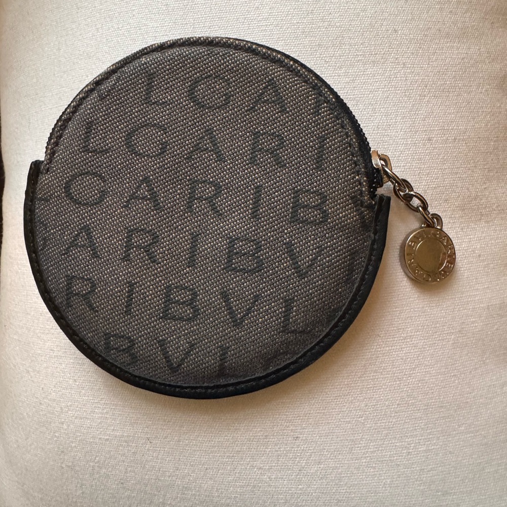 Bvlgari denim and black leather trim coin purse with Bvlgari lettering logo.EUC
